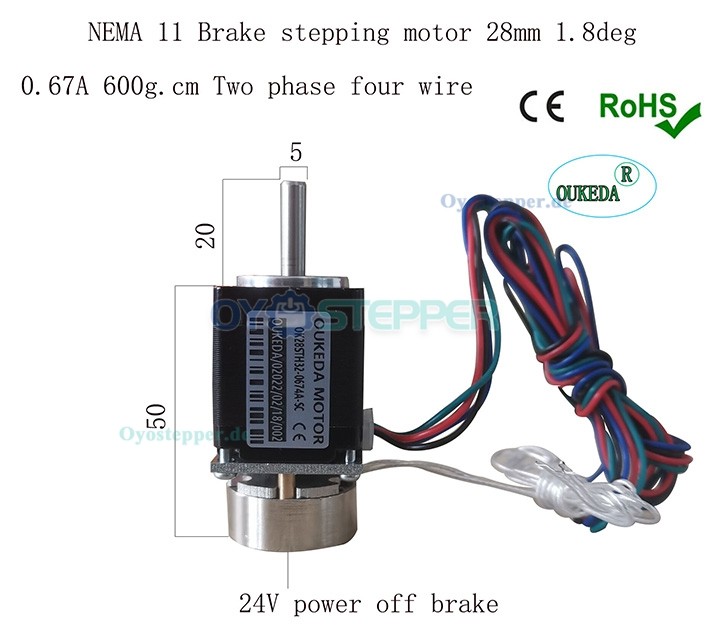 NEMA 11 Schrittmotor mit Bremse, 1,8°, 5,88 Ncm, 3,75V, 0,67A, 28 × 28 mm, 2-Phasen, D-Cut Welle